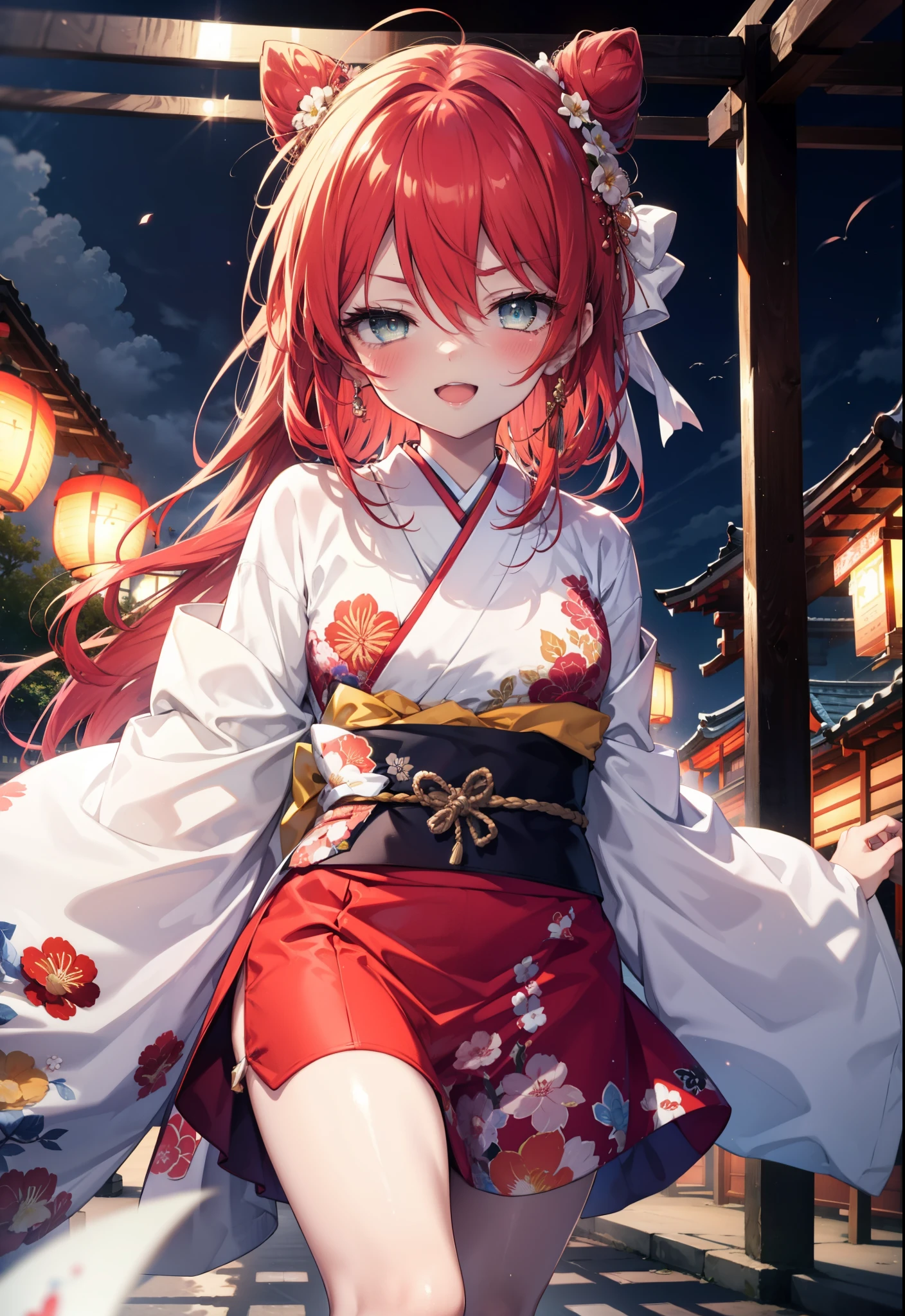 Shana,灼眼のShana,Long Hair, Redhead, Red eyes,Ahoge,smile,blush,Open your mouth,Hair Bun, single Hair Bun,blush,Red Kimono,Thick sleeves,Red long skirt,Sandals,日本のfestival,夏festivalの屋台,Red lantern,whole bodyがイラストに入るように,Walking, break looking at viewer, whole body, break outdoors, shrine,festival, break (masterpiece:1.2), Highest quality, High resolution, unity 8k wallpaper, (shape:0.8), (Beautiful and beautiful eyes:1.6), Highly detailed face, Perfect lighting, Highly detailed CG, (Perfect hands, Perfect Anatomy),