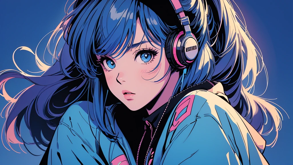 Tokyo at Night,2D illustration, anime, Manga style, whole body,ASİAN, Bishamon from noragami, 1 Girl, Big Hair, Shortcuts, {{full name eyes}}, create, High resolution, masterpiece, Highest quality, High detail, High detailed eyes, Grain Filter, Detailed Lips, High resolution, Super detailed, Portraiture, Realistic ratio, Anatomically correct, Beautiful young woman, whole bodyポートレート, Illustrator, anime , Realistic ,sketch , 1 Girl, ,Lip, hoodie,Order, Blue gradient background, Neon Hair,Textured Trim, (masterpiece,Highest quality), lofi, Battle DJ girl in HIPHOP fashion wearing DJ headphones