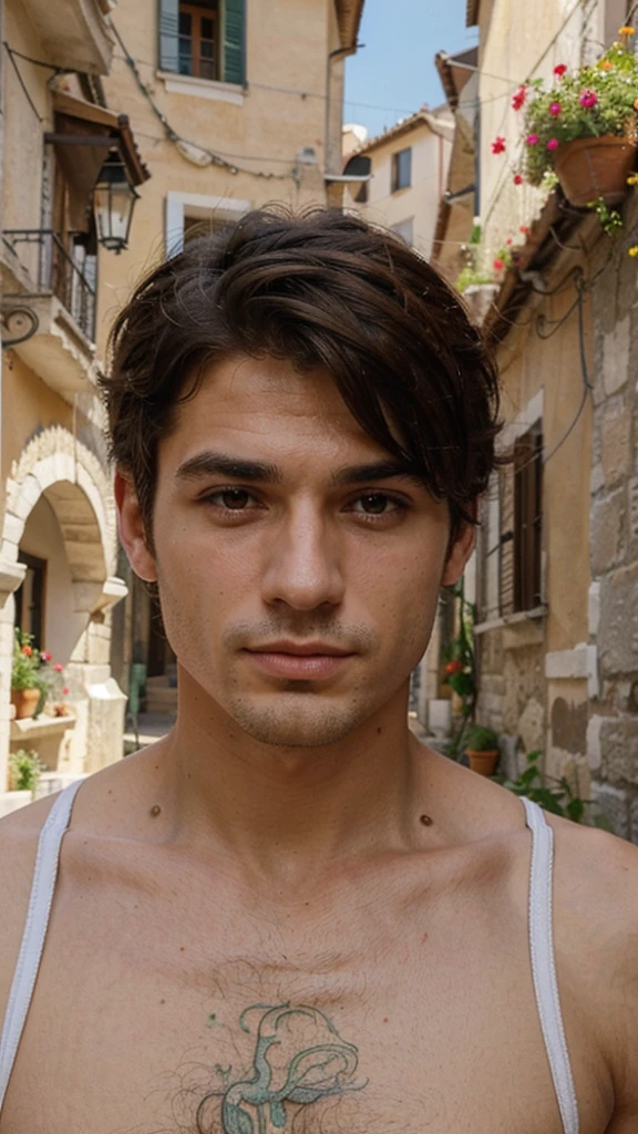 perfect italian man, short hairstyles light hairin an Italian village focus on character's face