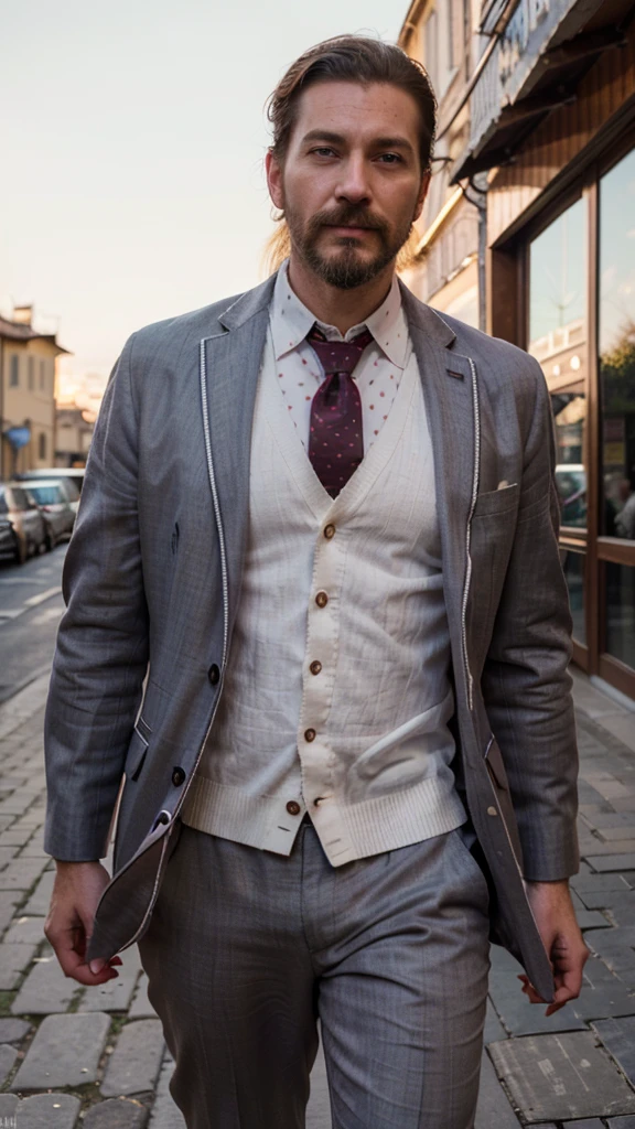 photorealistic, cinematic, raw photo, low angle shot, man, 39 years old, dark red hair, slick back hairstyle, long beard with a lush curled mustache , tattoos everywhere, wearing light lavender linen suit, white linen shirt, dark brown knitted tie with polka dot, walks the streets of Florence , summer, sunrise, happy, smiling