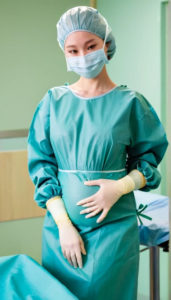 score_9, score_8_up, score_7_up, masterpiece, highest quality, raw image, pale skin, shy eyes, cover the ears, big breasts, surgical mask, surgical cap, long sleeve surgical dress,
1 girl, pregnant, big belly, solo, long rubber gloves, frown, standing, in one hospital, hospital bed, operating room background