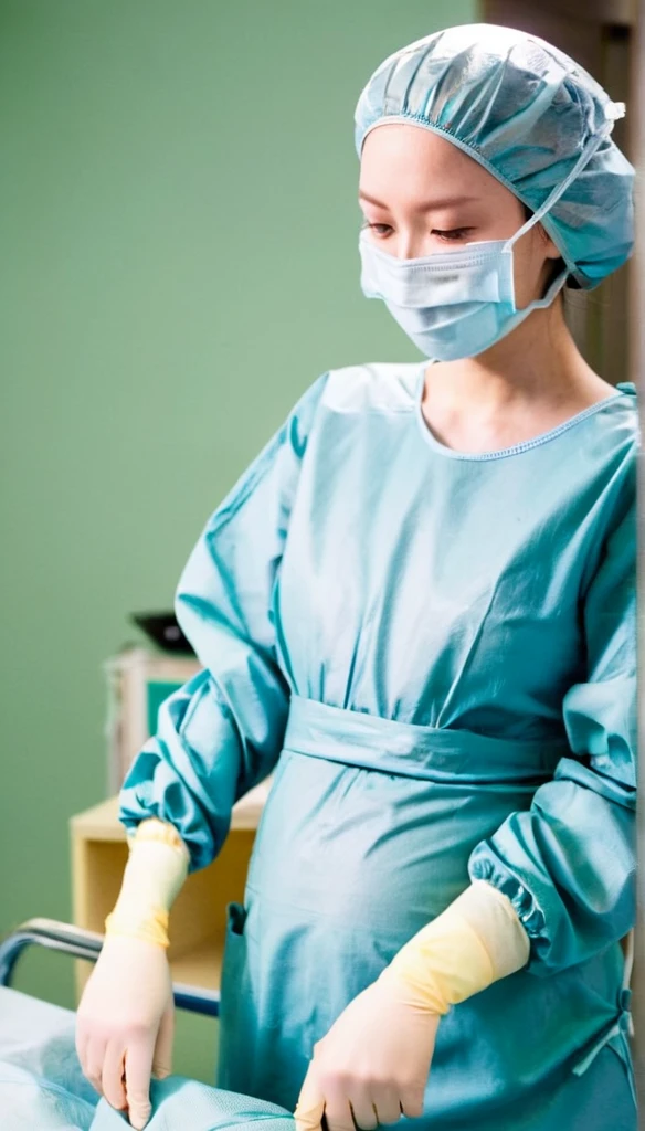 score_9, score_8_up, score_7_up, masterpiece, highest quality, raw image, pale skin, shy eyes, cover the ears, , surgical mask, surgical cap, long sleeve surgical dress,
1 girl, pregnant, big belly, solo, long rubber gloves, frown, standing, in one hospital, hospital bed, operating room background