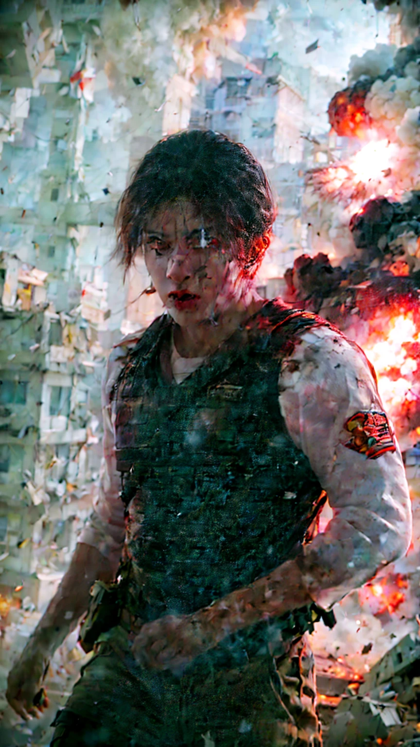 imagem de background, cinematic war scenario, sparks flying, intense light from explosions, tense and dramatic atmosphere, debris and smoke in the background, sharp details of destruction, Dramatic lighting highlighting the intensity of the explosions, warm, contrasting colors, atmosphere of action and chaos, background with realistic war elements - v 18 -- ar 9:16