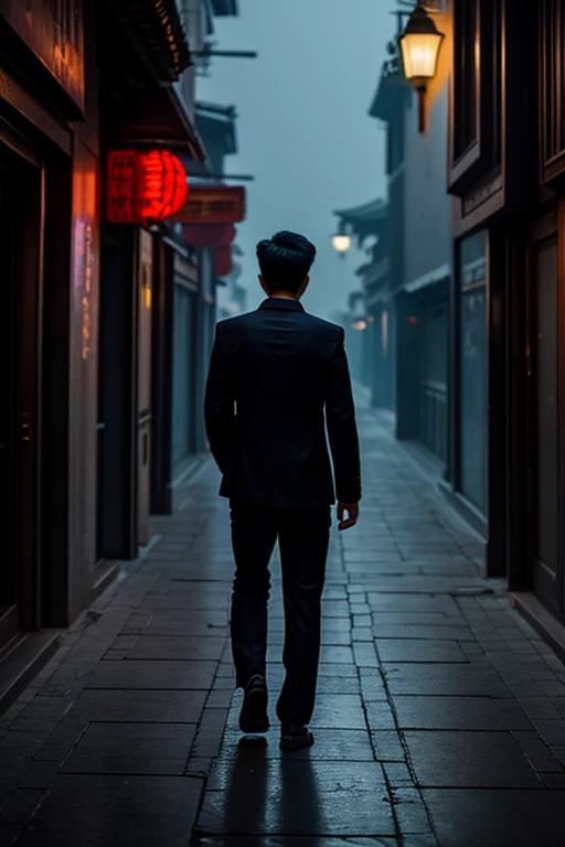 China，A young man，night，Back view of walking in the city，gloomy，High Detail, Composition, , Surrealism