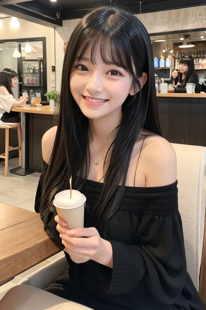Girls in their 20s、Long black hair、There are bangs、Off-the-shoulder dress、Looking at me and smiling、coffee shop