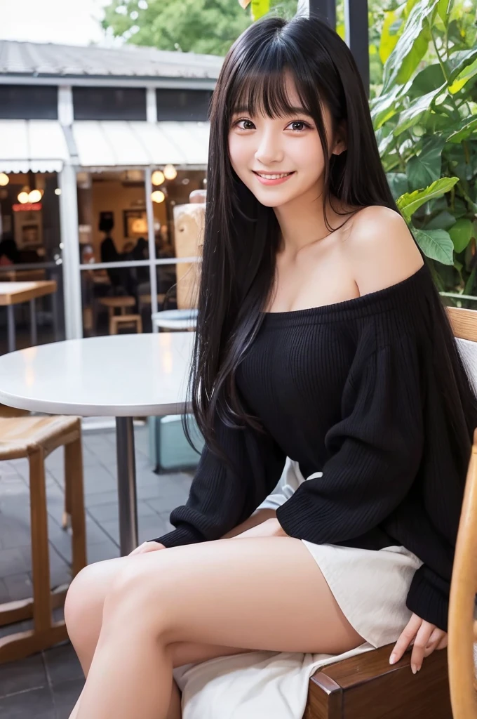 Girls in their 20s、Long black hair、There are bangs、Off-the-shoulder dress、Looking at me and smiling、coffee shop