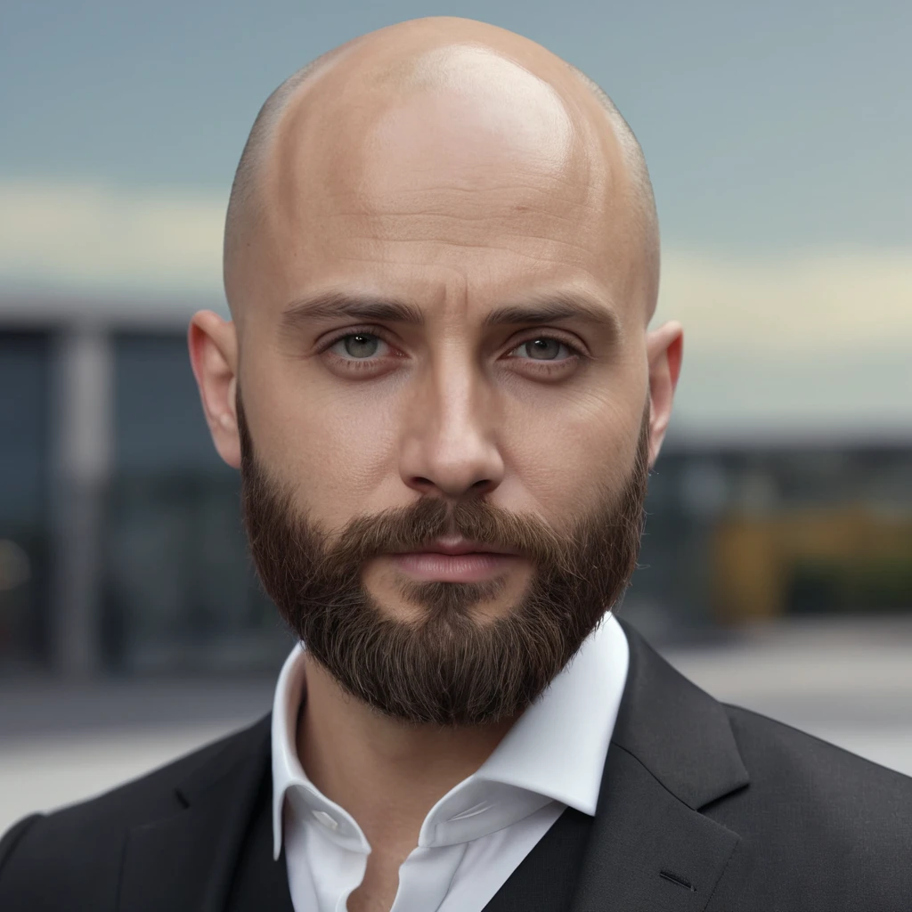 30 year old man. Ultra realistic. 4k. Bald. Bearded.  Well dressed. Head and shoulders. Wearing black suit