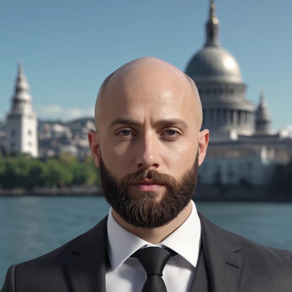 30 year old man. Ultra realistic. 4k. Bald. Bearded. Well dressed. Head and shoulders. Wearing black suit