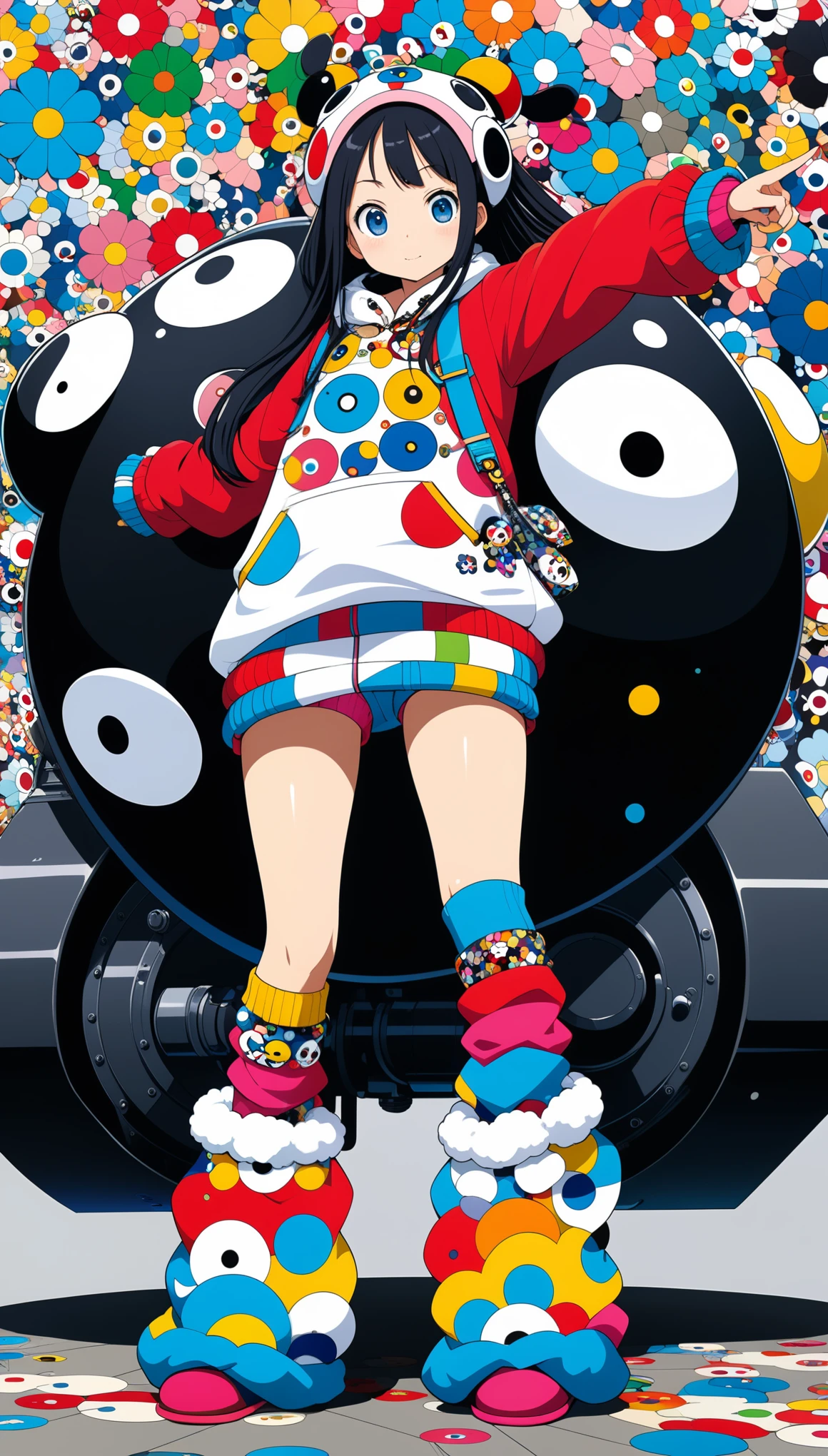 in style of Takashi Murakami, character concept design, legs,fullbdoy shot,(((oversize leg warmers))),wide angle, form below,oversize clothes,leaning forward,pointing at viewer,sit on the edge of the tank