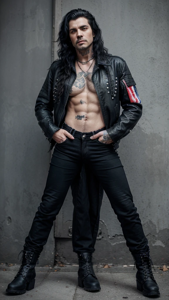 Perfect eyes and face, realistic men, rock stars from 80s era, full body tattos, wavy black hair, old rockstar jacket, long trousers, rockstars boots, old tone color effect, 4k, dynamic angle,