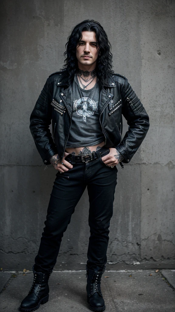 Perfect eyes and face, realistic men, rock stars from 80s era, full body tattos, wavy black hair, old rockstar jacket, long trousers, rockstars boots, old tone color effect, 4k, dynamic angle,