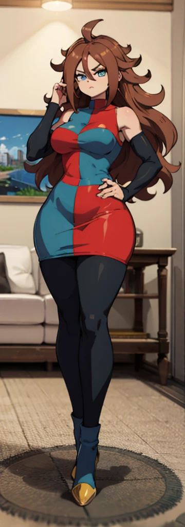 android 21, pose lateral, She is sideways to the spectator, sideways to camera, long brown hair, blue colored eyes, plaid dress, pantyhose, looking to the side, pose lateral, standing, ele está standing, serious, livingroom, light bulb, high qualiy, work of art, legs thick, big-ass, body healed,