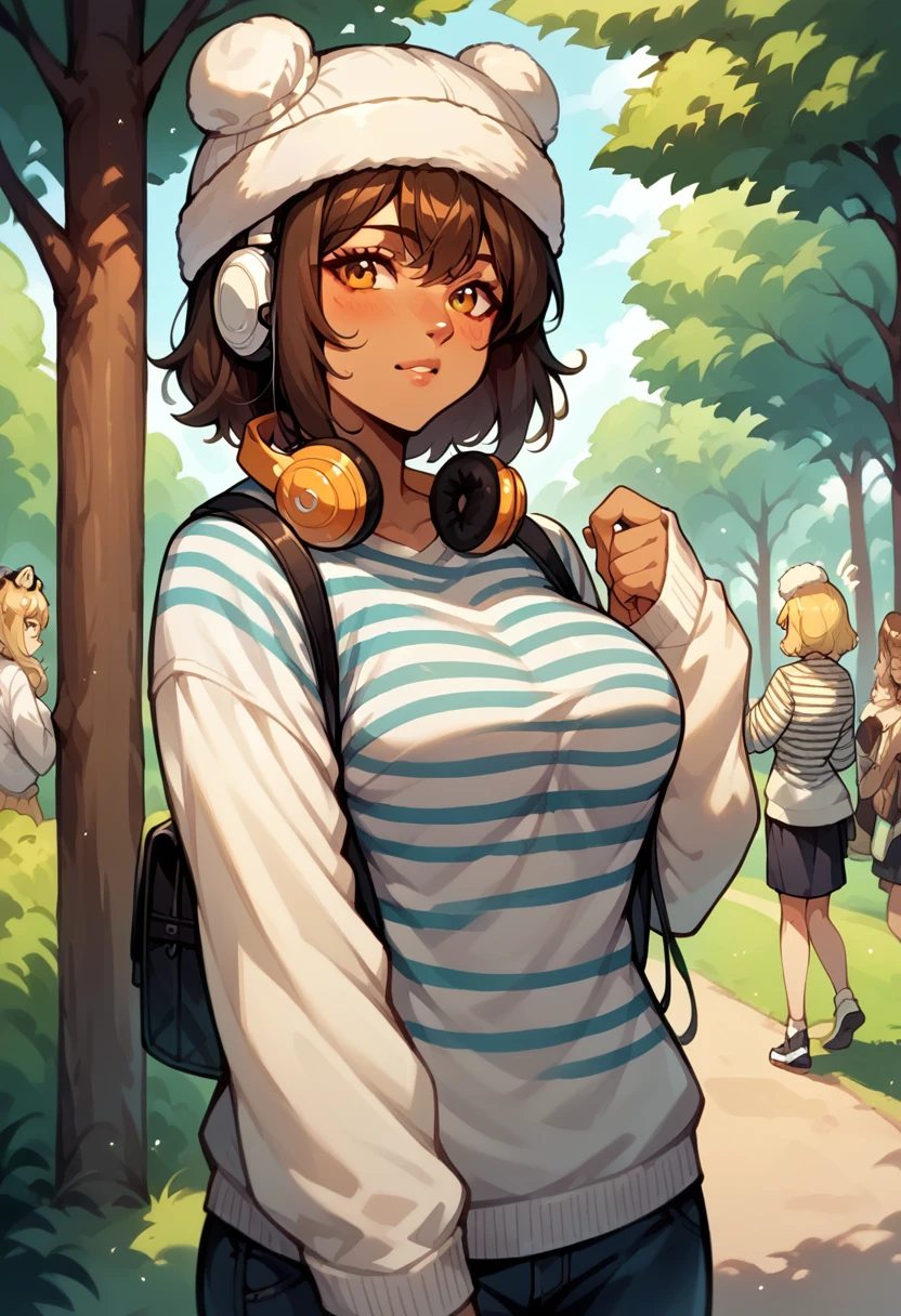 curvy adult women, pastel, improve, fur hat, tree, separate sleeves, White sweater, Bun, medium hair, striped shirt, headphones, several girls, leopard print, hair behind the ear