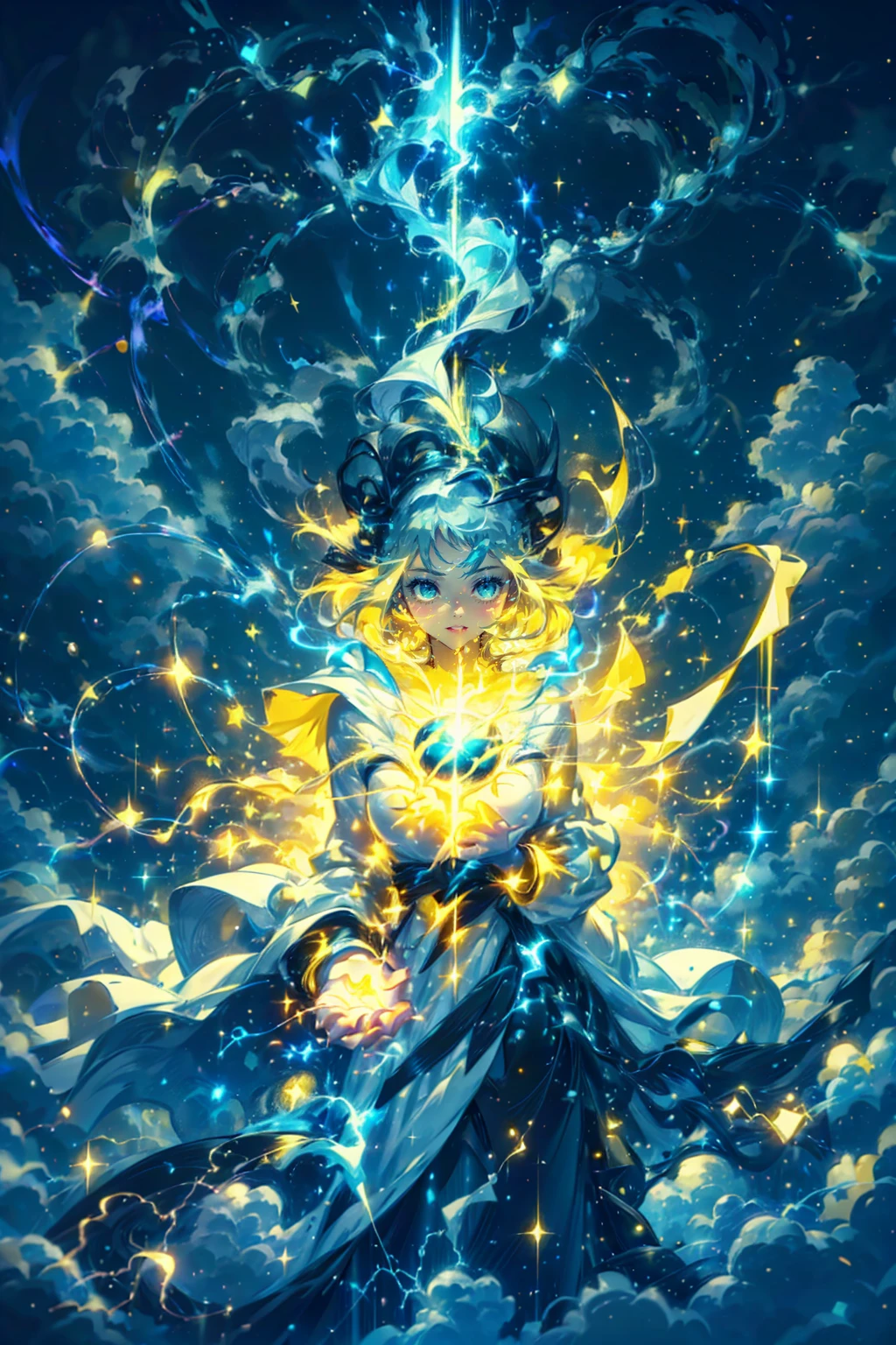 1girl,solo,cute,wizard,white robe,hold a yellow thunderball,yellow thunderball on each hands,around yellow thunder aura,perfect hands,perfect finger,thundermagic,glowing aura,yellow,lightning,sparkle