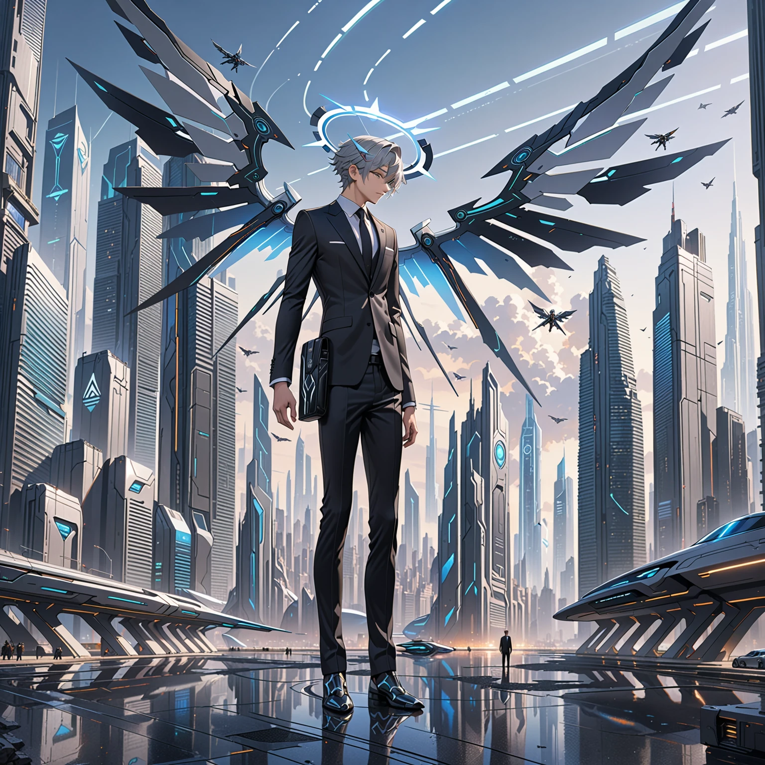 masterpiece, highest quality, highest resolution, clear_image, detailed details, gray hair, 1 boy, futuristic wings, futuristic halo, black suit, full body, no water marks, city, no extra limps, no extra body