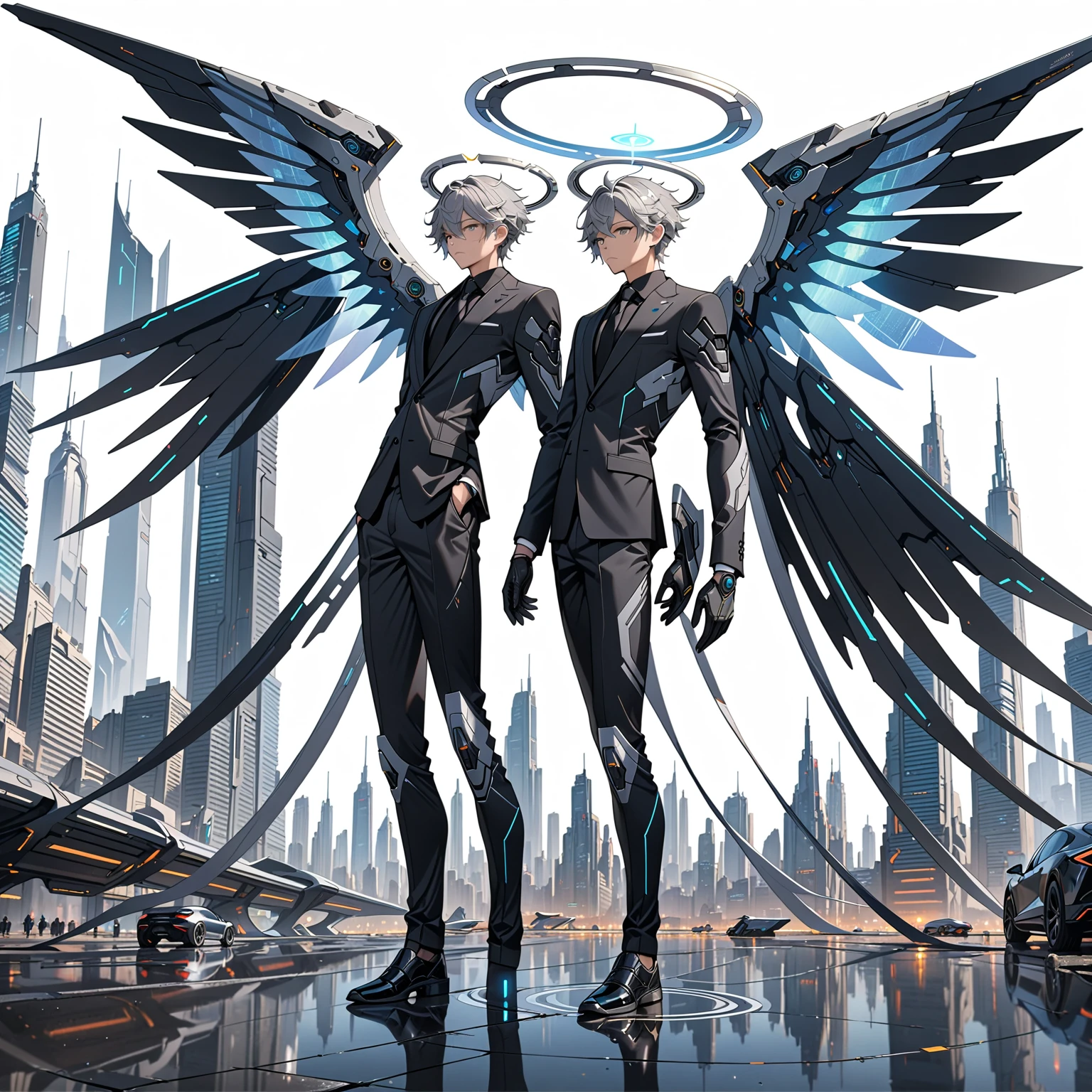 masterpiece, highest quality, highest resolution, clear_image, detailed details, gray hair, 1 boy, futuristic wings, futuristic halo, black suit, full body, no water marks, city, no extra limps, no extra body