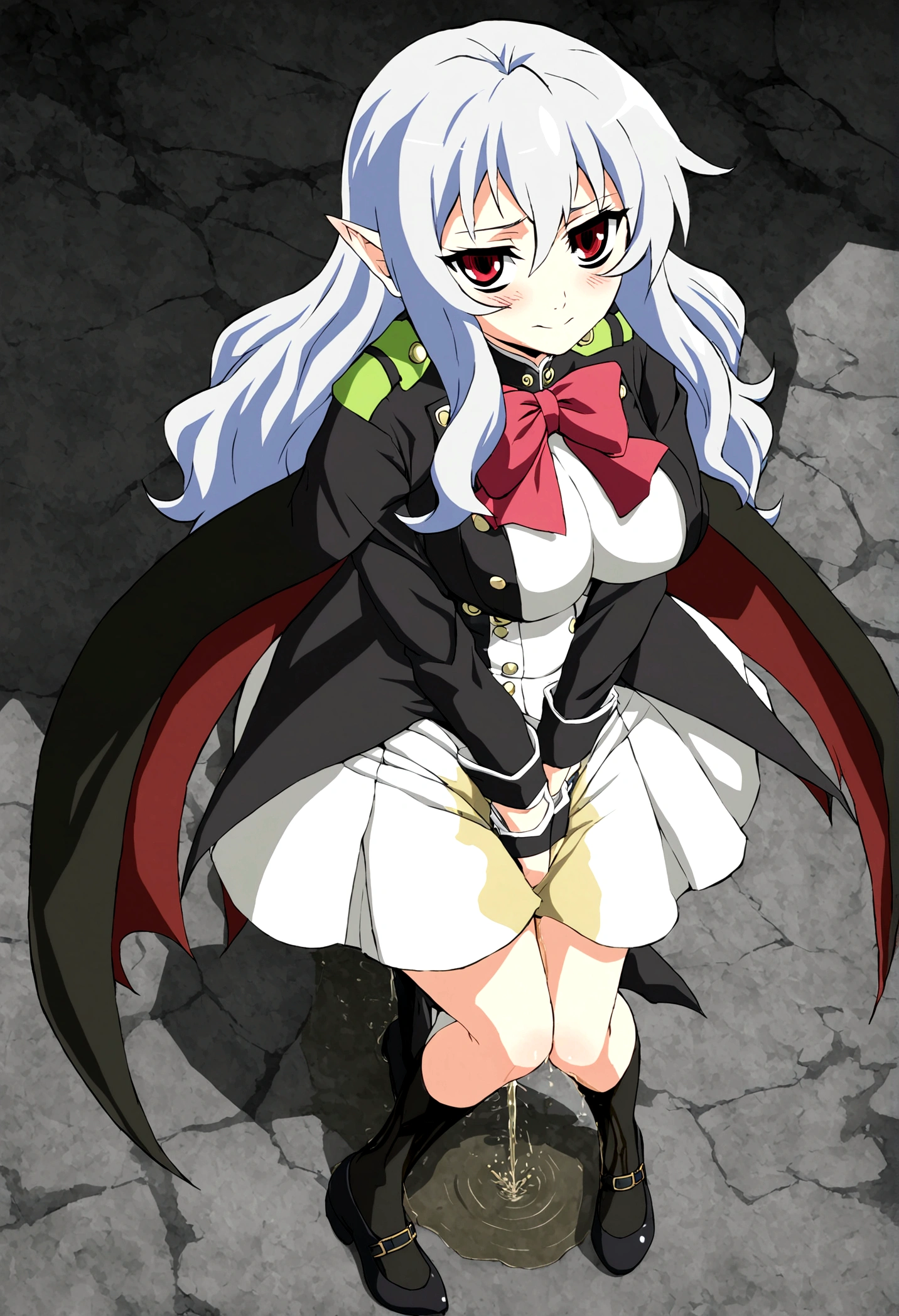 Anime. Owari no Seraph. 1 Girl. Dear . A vampire. Progenitor Clumsy. Silver hair. Wavy hair. Long hair. Red eyes. Beautiful eyes. Perfect eyes. Expressive eyes. Ideal face. Perfect body. Beautiful long ones. legs. Beautiful nose. 18 years. Big breasts. Standing. Full length Beautiful character design. Shiny skin. Pointy ears. White dress. Vampire uniform dress from
Owari no Seraph. Black stockings. Heeled shoes. Urinary incontinence. She wants to pee. She needs to pee. She has a strong, desperate urge to pee. Hand on crotch. He squeezes his crotch tightly. Rubs the crotch. The girl can't stand straight. Knees together, feet apart. She peed herself. Urine runs down my thighs. Ruins of Tokyo. Full body. NSWF. Official art. Extremely detailed CG Unity 8k wallpaper. Ideal lighting. Ultra high resolution 4K. Super detailed 8K. A high resolution.