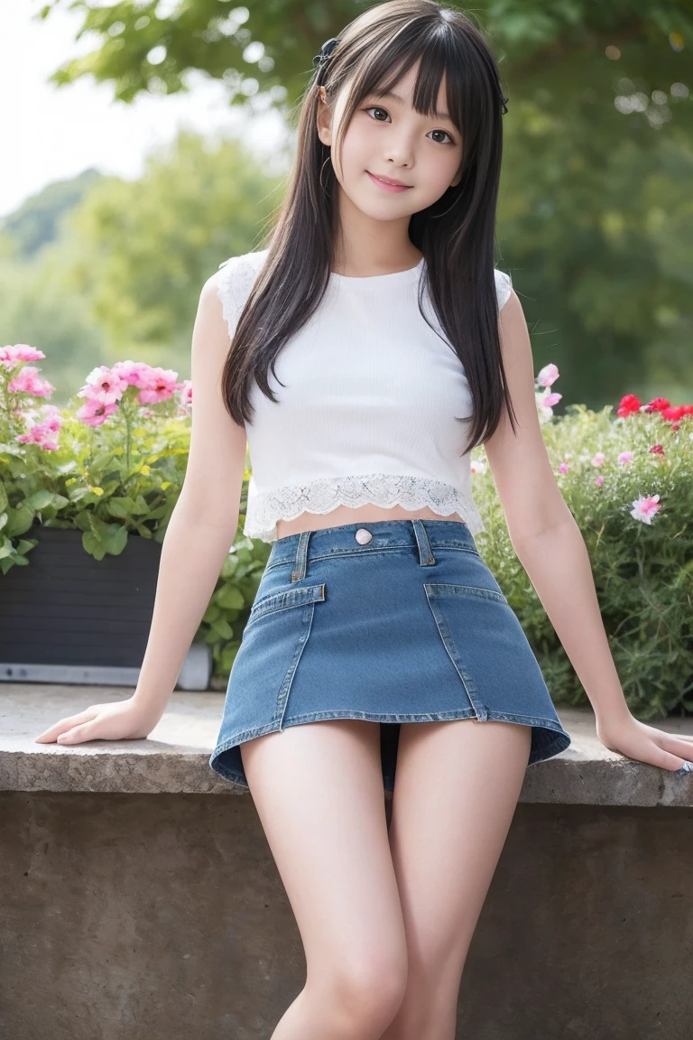 8K,Japanese,10 years old,Innocent face,Teenage Girl,cute,(Denim mini skirt:1.3)、Her skirt is rolled up、Spread your legs、((Black panties),(Lace fabric)),, Exposed thighs、her belly button is visible、Good top、(Casual wear),Sitting,Spread your legs、Black Hair,garden,Hair Clip,smile