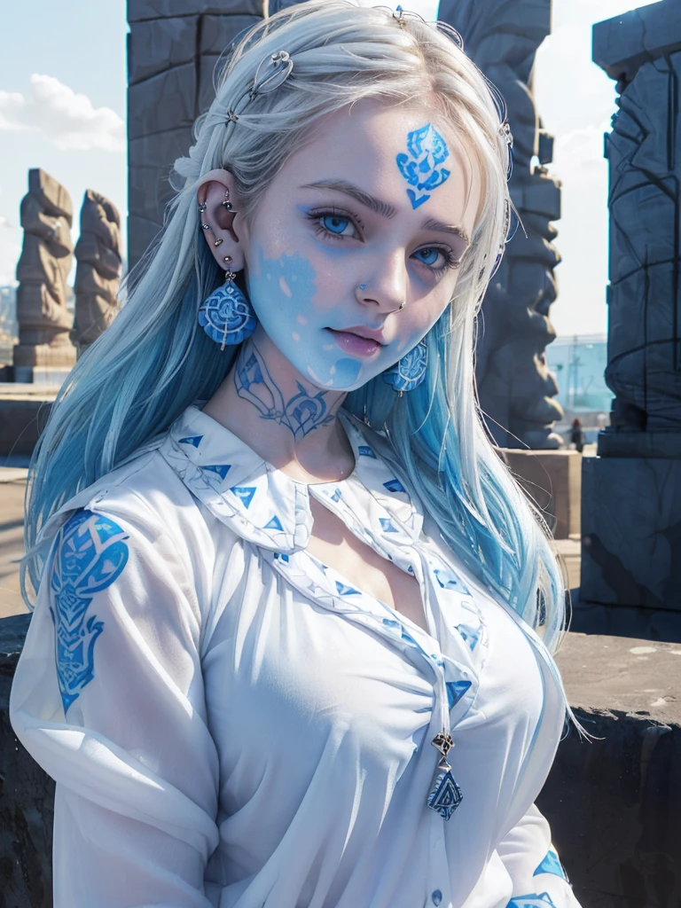 (shiny white skin:1.4),(a girl with bigbreast:1.5),(cute face with blue pattern tatoo:1.5) , ( infected monuments:1.5) ,(many ear ring:1.6),(white blouse:1.5) extremely detailed CG unity 8k wallpaper