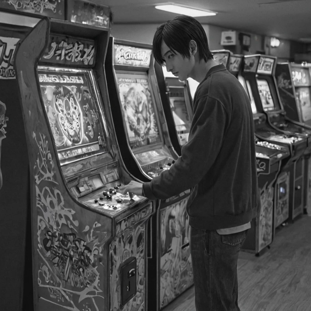 1 man, playing arcade machine, (anime), bizarre scenario, This is Junji, Yusuke Murata, black and white, 8K, anime, horror