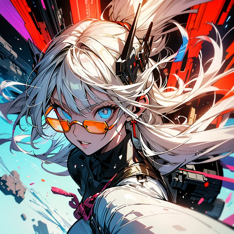 One monk warrior girl in white techwear, Long white hair, Abstract vintage sci-fi background, Glasses、art:Moebius, art:Ashley Wood