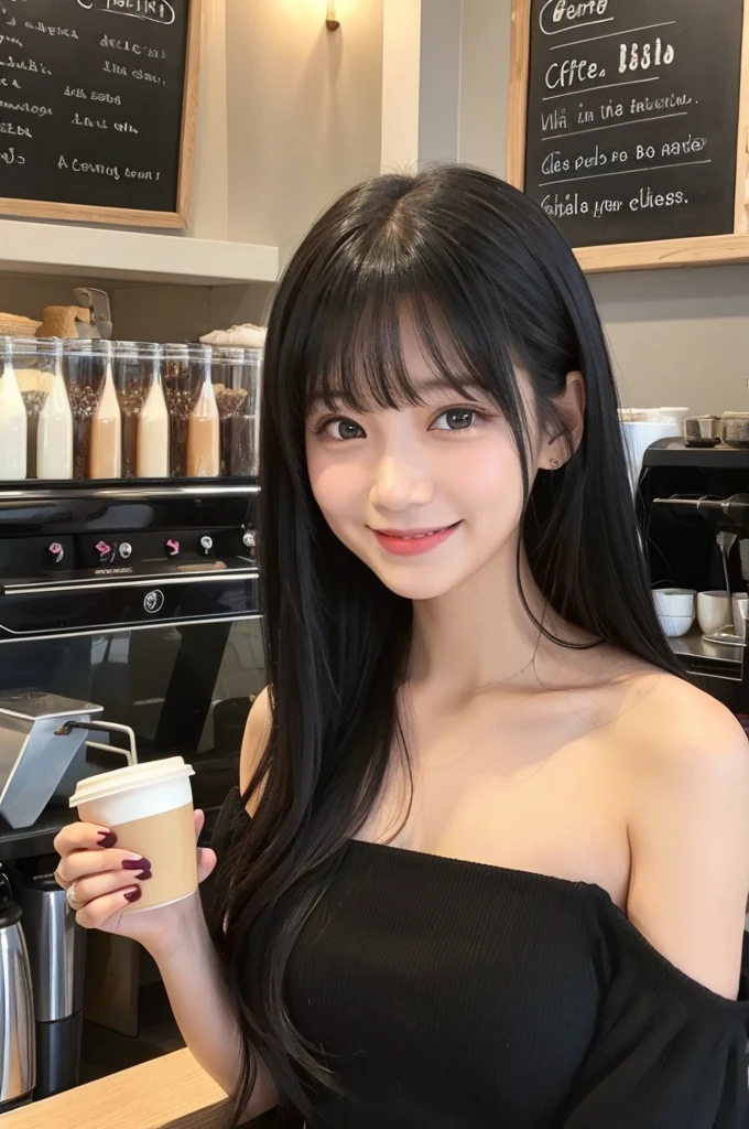 Girls in their 20s、Long black hair、There are bangs、Off-the-shoulder dress、Looking at me and smiling、coffee shop