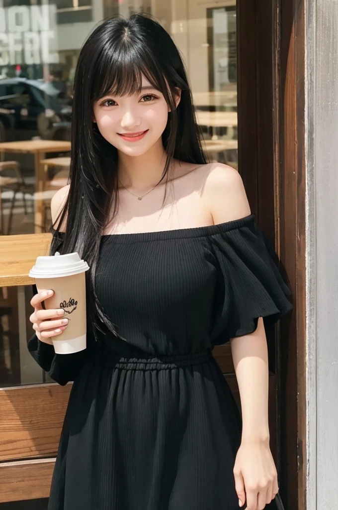 Girls in their 20s、Long black hair、There are bangs、Off-the-shoulder dress、Looking at me and smiling、coffee shop