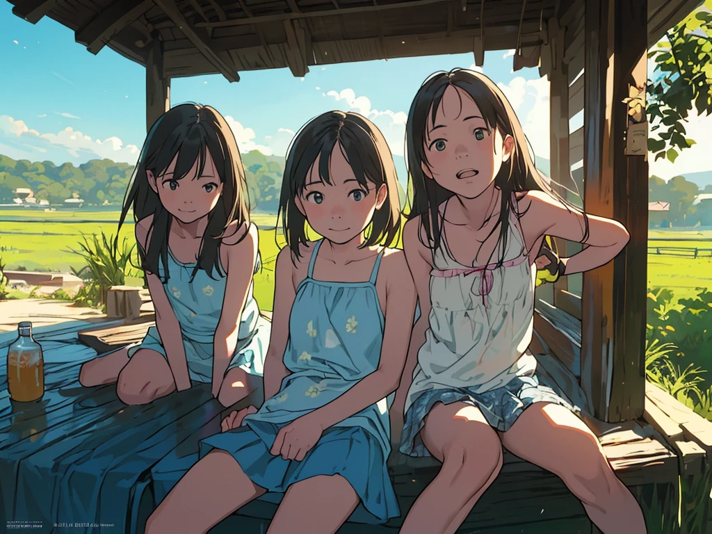 reasonable design, Clear lines, High Sharpness, (highest quality,8K,Perfect sharpness,Ultra fine,High resolution,masterpiece:1.2), Perfect Anatomy:1.5, Official Art, Illustrations that tell a story, (Whitish background:0. 9)、Body Positivity、More Mr.Physical expression、(Random and mischievous poses)、Perfect beauty、Perfect beautiful face、Strong winds、A rich expression、Dynamic composition、smile、Golden ratio composition、colorful、(Mr.Different angles and perspectives)、anime art、mini skirt、(Overcoming stereotypes)、 Glowing Skin、(Natural beauty)、smile、bangs、Straight Hair、(Soft and flowing hair)、(Rural Scenery)、(Nostalgic atmosphere)、Insert up to the thighs、(Playful and carefree)、(More Mr.Ethnic characters)、(innocent attitude)、(Sunny atmosphere)、Skirt flipped up、(Bright colors)、Belly button exposed、Beautiful Eyes、A skirt fluttering in the wind、Put it in to your feet、Some composition patterns、Tank top、ル、sensuous、Geometric pattern、