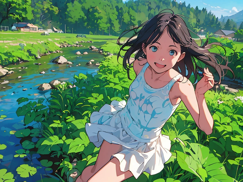 reasonable design, Clear lines, High Sharpness, (highest quality,8K,Perfect sharpness,Ultra fine,High resolution,masterpiece:1.2), Perfect Anatomy:1.5, Official Art, Illustrations that tell a story, (Whitish background:0. 9)、Body Positivity、More Mr.Physical expression、(Random and mischievous poses)、Perfect beauty、Perfect beautiful face、Strong winds、A rich expression、Dynamic composition、smile、Golden ratio composition、colorful、(Mr.Different angles and perspectives)、anime art、mini skirt、(Overcoming stereotypes)、 Glowing Skin、(Natural beauty)、smile、bangs、Straight Hair、(Soft and flowing hair)、(Rural Scenery)、(Nostalgic atmosphere)、Insert up to the thighs、(Playful and carefree)、(More Mr.Ethnic characters)、(innocent attitude)、(Sunny atmosphere)、Skirt flipped up、(Bright colors)、Belly button exposed、Beautiful Eyes、A skirt fluttering in the wind、Put it in to your feet、Some composition patterns、Tank top、ル、sensuous、Geometric pattern、