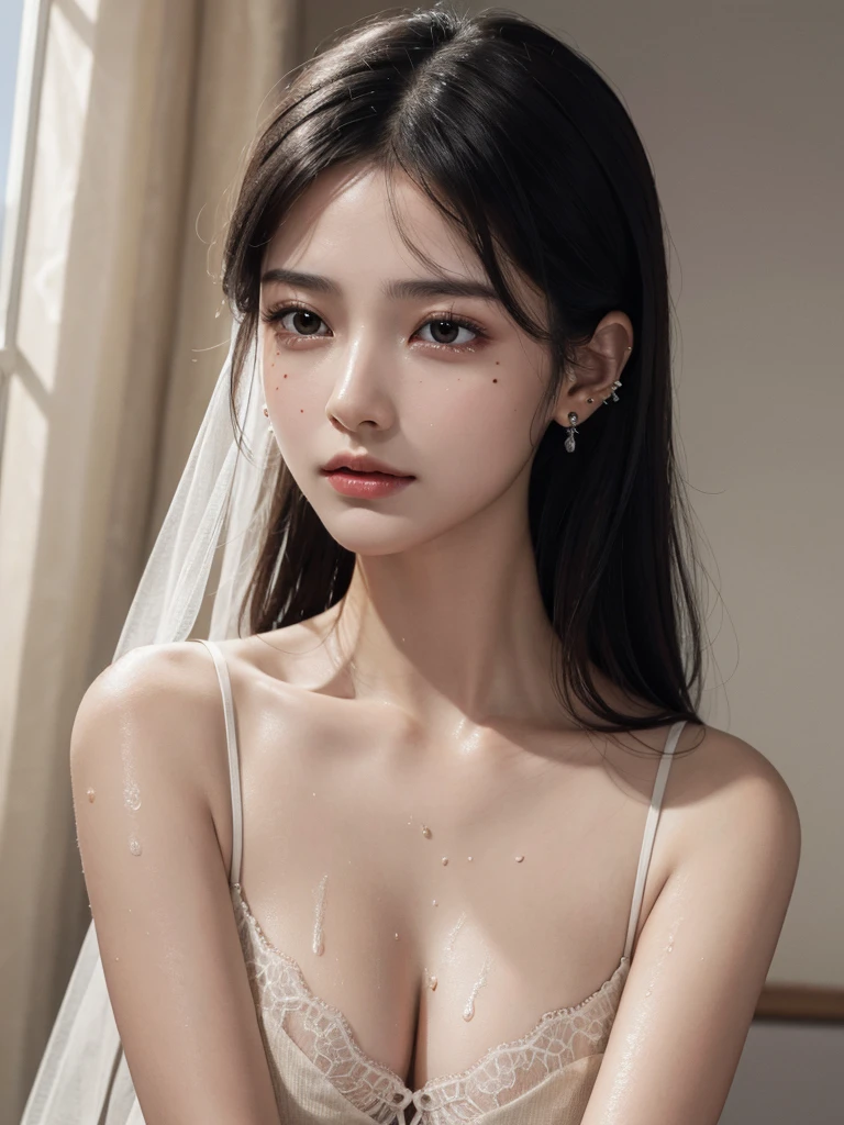 absurdres, RAW photo, extremely delicate and beautiful, masterpiece, Best Quality, ultra high resolution, 32k, hyperrealistic, ultra-detailed, delicate facial features, beautiful detailed woman, tearful mole, earring, medium breasts, full body shot, medium hair, black hair, solo, alone, Sweat,