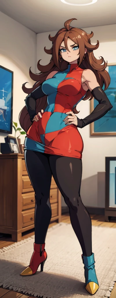 android 21, pose lateral, She is sideways to the spectator, sideways to camera, long brown hair, blue colored eyes, plaid dress, pantyhose, looking to the side, pose lateral, standing, ele está standing, serious, livingroom, light bulb, high qualiy, work of art, legs thick, big-ass, body healed,