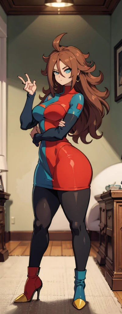 android 21, pose lateral, She is sideways to the spectator, sideways to camera, long brown hair, blue colored eyes, plaid dress, pantyhose, looking to the side, pose lateral, standing, ele está standing, serious, livingroom, light bulb, high qualiy, work of art, legs thick, big-ass, body healed,