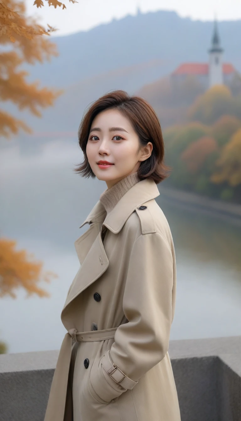 8k best picture quality, Beautiful 36-year-old Korean woman, You have good skin and big and pretty eyes... Chest size 34 inches, Traveling in Europe in the fall season, The cathedral can be seen in the distance in thick fog., The back background is realistic and vivid quality., Short and medium hair blowing in the wind. He wore a very light green trench coat over his neck collar.. Wearing beige casual pants, I'm smiling. Short and slim Korean woman, Full body photo taken with Canon Mark 5 camera 16-35 wide angle lens, One woman with big and pretty eyes, eyes are round and big. standing on a hill overlooking the river