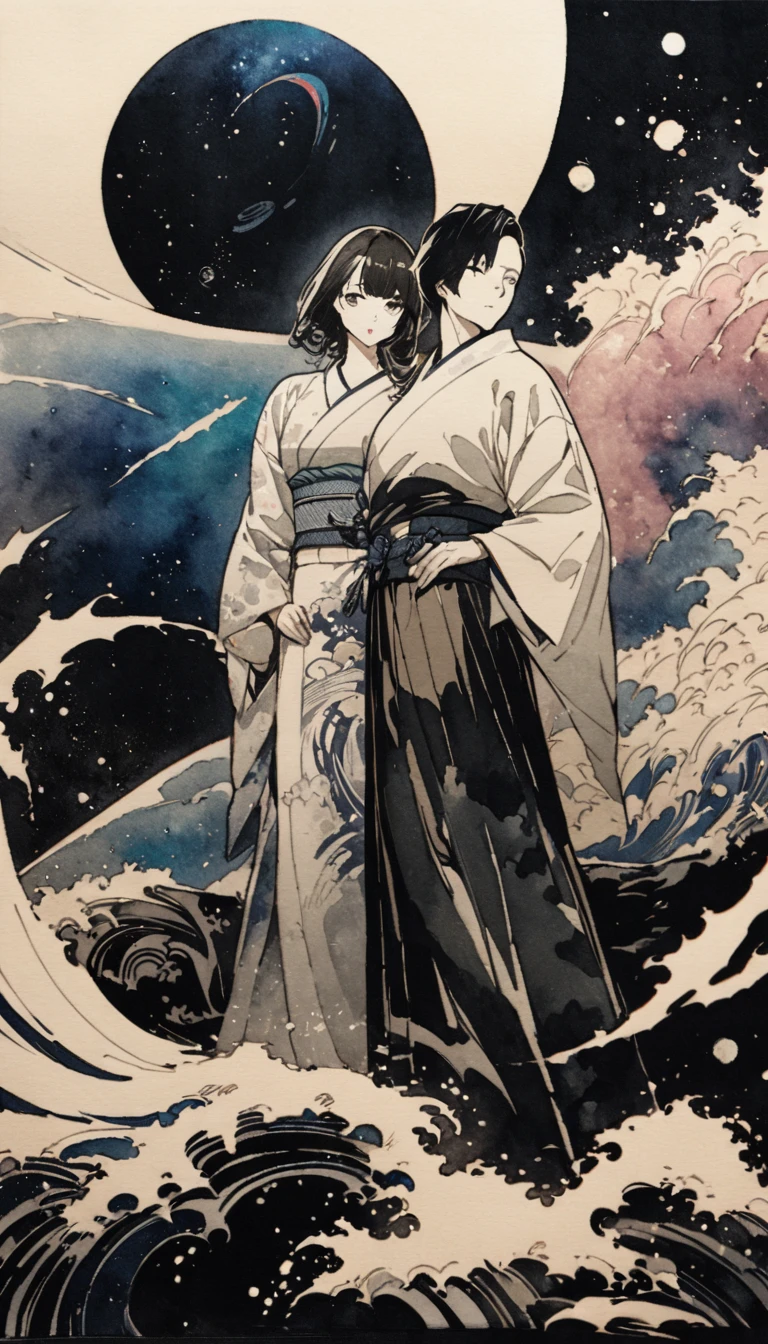 Highest quality, Super quality, 16K, 2.5D, Delicate and dynamic depiction, A man and a woman standing side by side, so beautiful, Attractive and seductive expression, Detailed decorative background, Elegant effect, A fusion of watercolor and oil painting, A fusion of paper cutting and shadow art, Mixing monochrome and color, Mix of Japanese paintings, Ukiyo-e and woodblock prints, ink, shading, Gradation, Vibrantly colored artwork, Detailed decorative backgrounds, Law in Law, Splash, Japanese Paper Quality, (Background space galaxy:1.5)