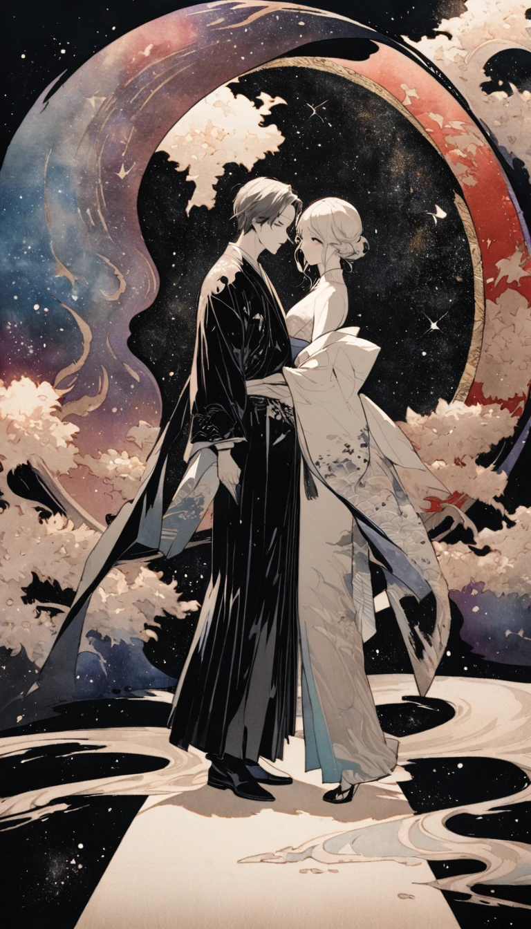 Highest quality, Super quality, 16K, 2.5D, Delicate and dynamic depiction, A man and a woman standing side by side, so beautiful, Attractive and seductive expression, Detailed decorative background, Elegant effect, A fusion of watercolor and oil painting, A fusion of paper cutting and shadow art, Mixing monochrome and color, Mix of Japanese paintings, Ukiyo-e and woodblock prints, ink, shading, Gradation, Vibrantly colored artwork, Detailed decorative backgrounds, Law in Law, Splash, Japanese Paper Quality, (Background space galaxy:1.5)
