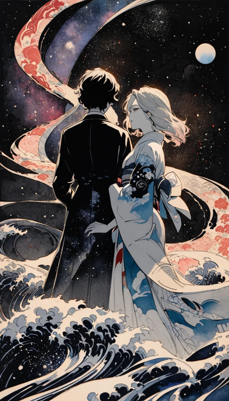Highest quality, Super quality, 16K, 2.5D, Delicate and dynamic depiction, A man and a woman standing side by side, so beautiful, Attractive and seductive expression, Detailed decorative background, Elegant effect, A fusion of watercolor and oil painting, A fusion of paper cutting and shadow art, Mixing monochrome and color, Mix of Japanese paintings, Ukiyo-e and woodblock prints, ink, shading, Gradation, Vibrantly colored artwork, Detailed decorative backgrounds, Law in Law, Splash, Japanese Paper Quality, (Background space galaxy:1.5)