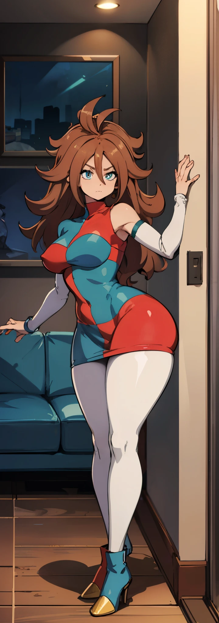 android 21, pose lateral, She is sideways to the spectator, sideways to camera, long brown hair, blue colored eyes, plaid dress, pantyhose, looking to the side, pose lateral, standing, ele está standing, serious, livingroom, light bulb, high qualiy, work of art, legs thick, big-ass, body healed,