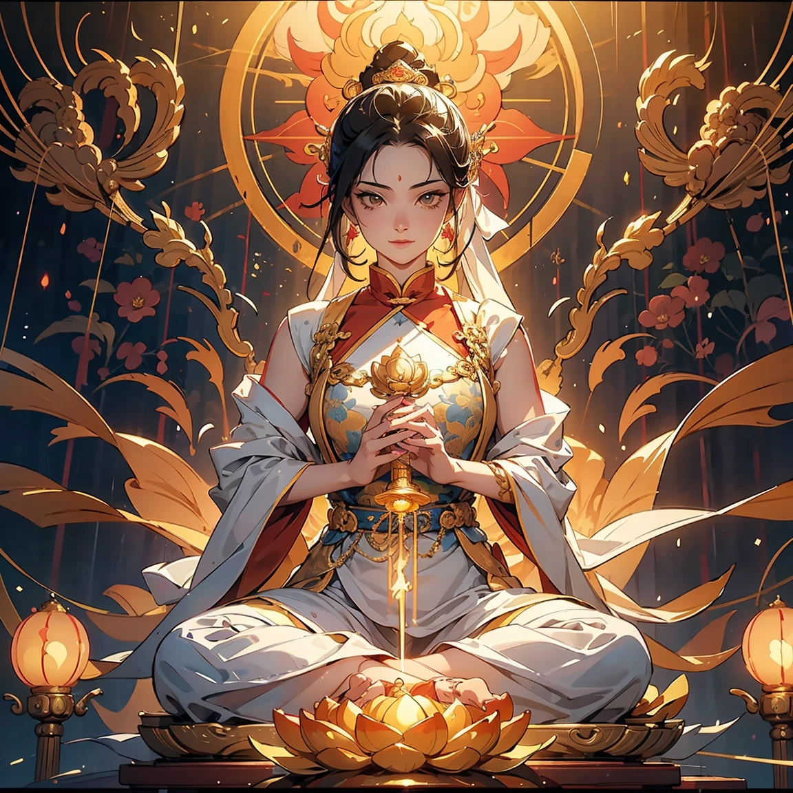 1 girl（Chinese immortals）, （Buddhism）, Multip_Handythological stories）, （bodhisattva）, She sits on a lotus, （Three hands on the left，Three hands on the right, Each hand holds a different Buddhist vessel, left right symmetry），（Delicate and beautiful face）, （White silk robe）sitting on a lotus flower, Frontal photo，Light smile, neo-classical, OP Art, Chiaroscuro, Cinematic lighting, god light, Ray tracing, character sheets, projected inset, first person perspective, hyper HD, Masterpiece, ccurate, Textured skin, Super detail, High details, High quality, Award-Awarded, Best quality, A high resolution, 8K 