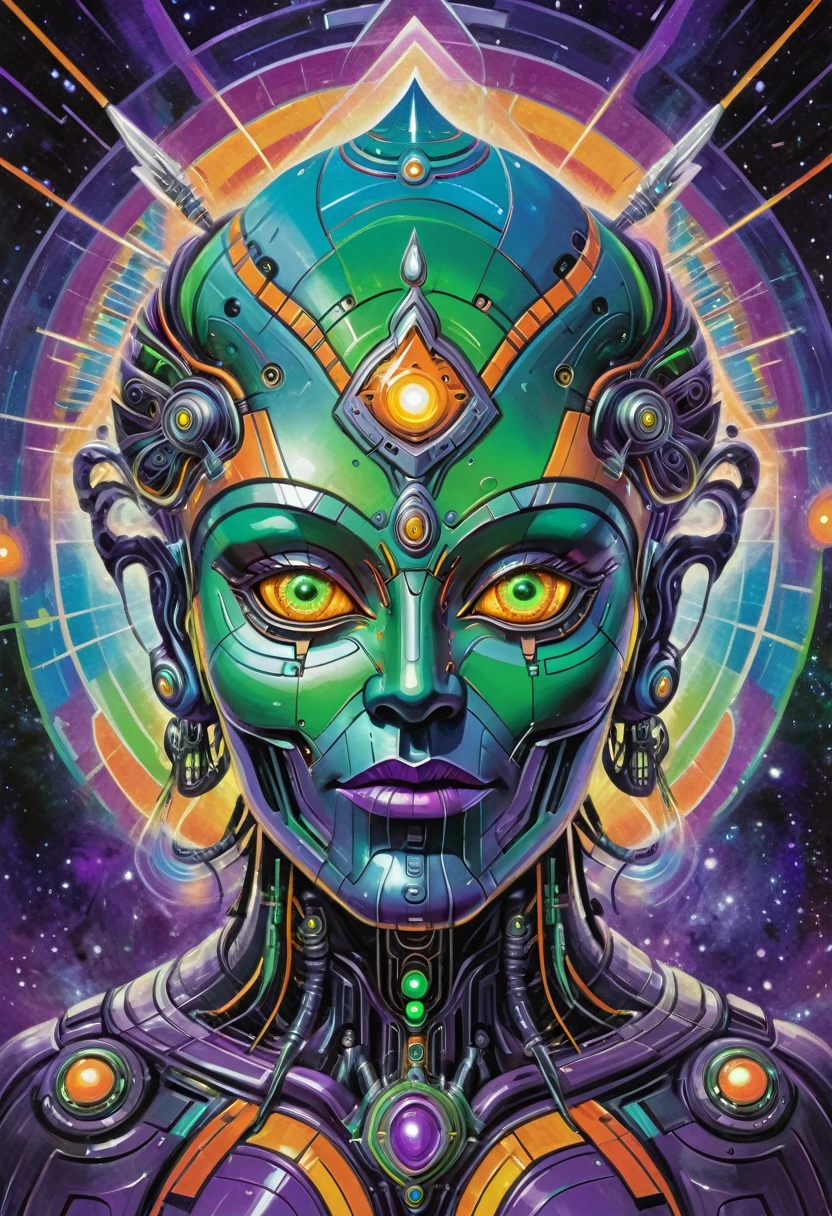 mystic indian robotic face seen from the front, futuristic and geometric technology backdrop, spirit, dmr, md, ????, intergalactic thc, other planets and mirrored effects, colors, purple, green, blue and orange