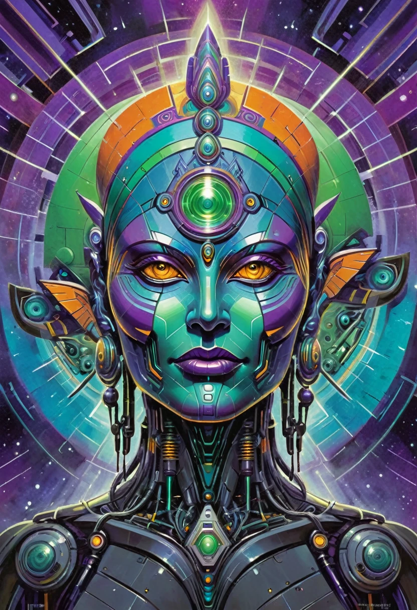 mystic indian robotic face seen from the front, futuristic and geometric technology backdrop, spirit, dmr, md, mdma, intergalactic thc, other planets and mirrored effects, colors, purple, green, blue and orange
