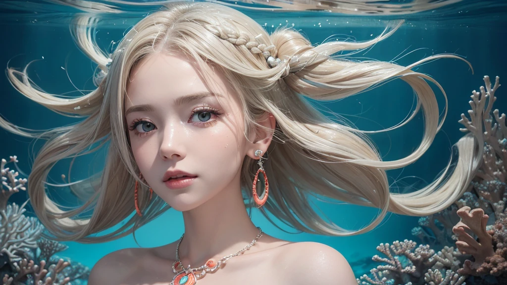 (Highest Quality Realistic Textured Skin),(terrible),(OK, round, Symmetrical eyes),Delicate facial features,(Burning bright cold eyes),(She has a mischievous smile),(Her face is kind and beautiful),Glass earrings in the ears,,(blonde),(Silvery white hair),(Chestnut Hair),(Swim at the bottom of the ocean),(Full body portrait:1.5),(Dramatic Photos:1.4),(Dramatic Pose),(Flashy photos)(look up),(Looking down),(Around her neck is a simple necklace made with exquisite craftsmanship.),Cluttered photos,(Hair flowing in water:1.5),(Underwater, Life at sea, 美しいCoral Reef, fish),(Background vortices and currents),(Dramatic Light),(Nice views),(美しいfishに囲まれて),遠くの背景にはCoral Reefに沈んだ寺院が見える,Coral Reef,Spectacular realism,Cinematic atmosphere,(High-density image review:1.5),(Soft colors:1.2),Very detailed,Dramatic Light,(Intricate details:1.1),Complex background,