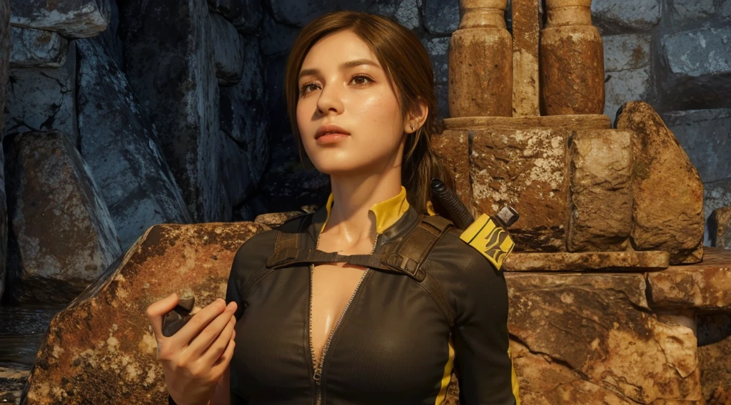 Lara Croft, brown eyes, (best quality, ultra-detailed), (realistic:1.37), beautiful and detailed face, ultra-realistic texture, delicate face, delicate body, red lipstick, bright colors. high definition, 8K, serious expression