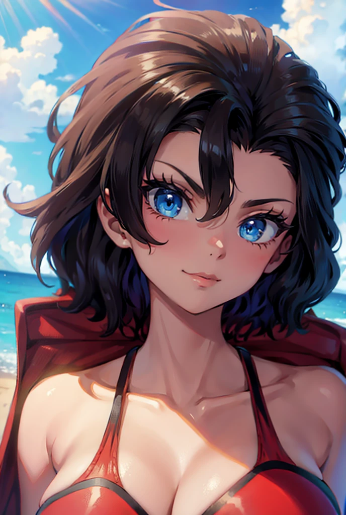 8K,high quality,anime、Black hair, blue eyes, brown skin, high quality, swimsuit, seaside background,