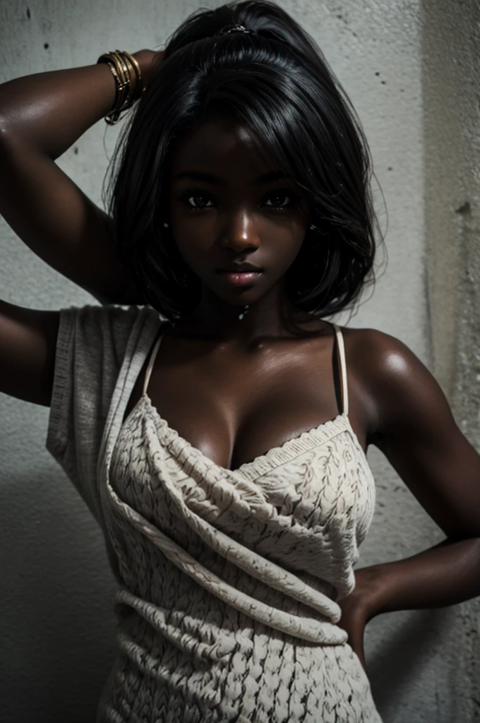 cute, Dark skin, teenager, beautiful face, deep ebony, showing breasts, SFW