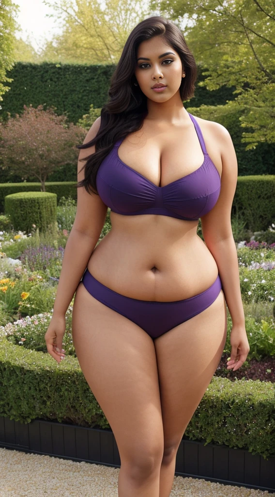 Indian beautiful woman sexy curvy plus size model wearing modern diferrent color night dress front facing to camera in standing position, curvy plus size figure,big m-cup breasts, bright eyes, thin eyebrows, fair skin, blushing cheeks, prefect curvy body, head to thigh view,beautiful garden background,in bikini, in hijab