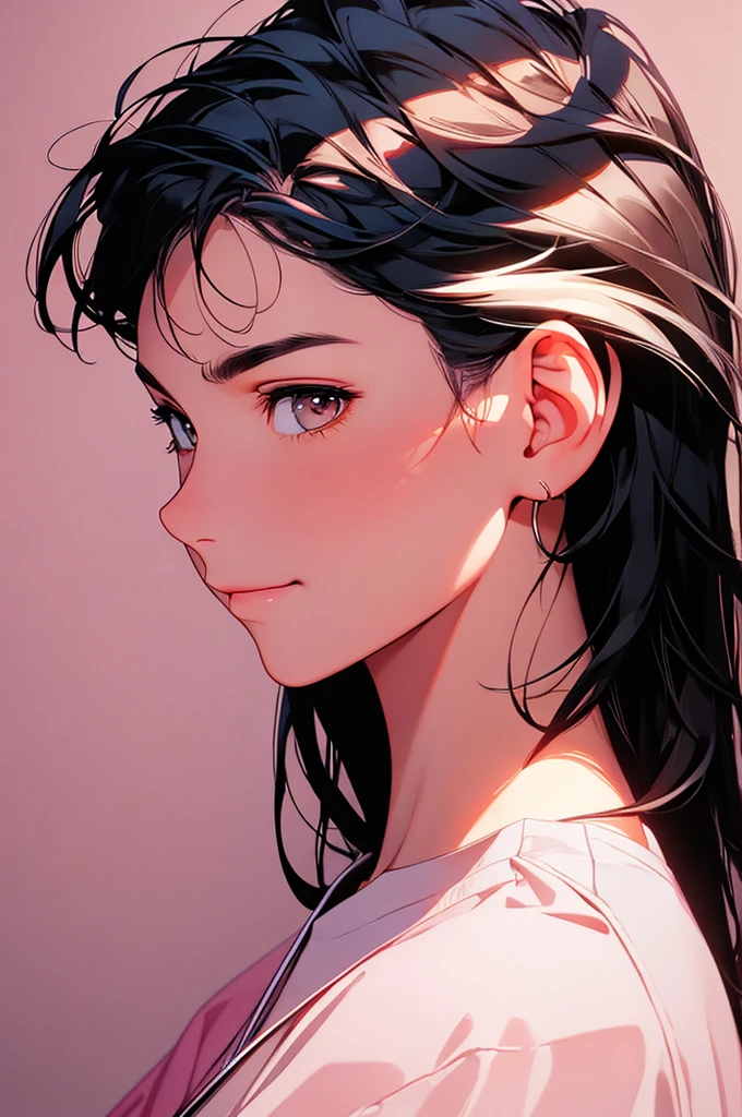High resolution,Super detailed,Realistic,Portraiture,White women,18-year-old,Black Hair, bangs,Hazel Iris,Toned Up,Physically slim,Realistic proportions,Anatomically correct,university student,smile, Pink Cheeks; Intimate distance,Dark soft lighting,hiphop girl