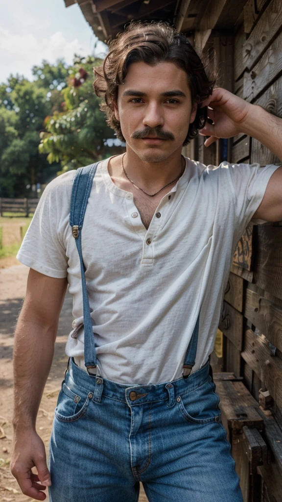 A photorealistic portrait of a young man in rancher clothes, who wears a light brown shirt, Suspenders and blue jeans, photorealestic, Natural hair, Natural face, moustache, The cutlet, , hyper detailed, Whipped by the sun, dirty.