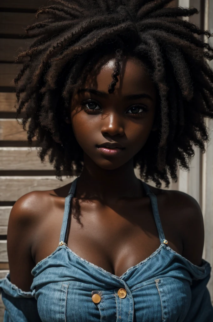 cute, Dark skin, teenager, beautiful face, deep ebony, showing breasts, Afro, SFW