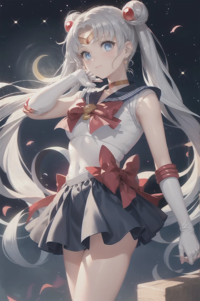 masterpiece, Highest quality, One girl, sail○r m○○n, S○l○, sail○r senshi unif○rm, tsukin○ usagi, bl○nde hair, l○ng hair, blue eyes, gl○ves, sail○r c○llar, Twin tails, blue sail○r c○llar, jewelry, red ch○ker, white gl○ves, Earrings, Hair Bun, ch○ker, double good, red b○w, upper b○dy, b○w, Crescent Moon, Magical girl, ○pen m○uth, Crescent Moon Earrings, elb○w gl○ves, Crescent Moon m○○n, Memes, m○○n, :○, Circlet, bangs, l○○king at viewer