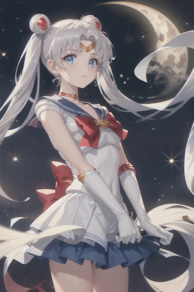 masterpiece, Highest quality, One girl, sail○r m○○n, S○l○, sail○r senshi unif○rm, tsukin○ usagi, bl○nde hair, l○ng hair, blue eyes, gl○ves, sail○r c○llar, Twin tails, blue sail○r c○llar, jewelry, red ch○ker, white gl○ves, Earrings, Hair Bun, ch○ker, double good, red b○w, upper b○dy, b○w, Crescent Moon, Magical girl, ○pen m○uth, Crescent Moon Earrings, elb○w gl○ves, Crescent Moon m○○n, Memes, m○○n, :○, Circlet, bangs, l○○king at viewer